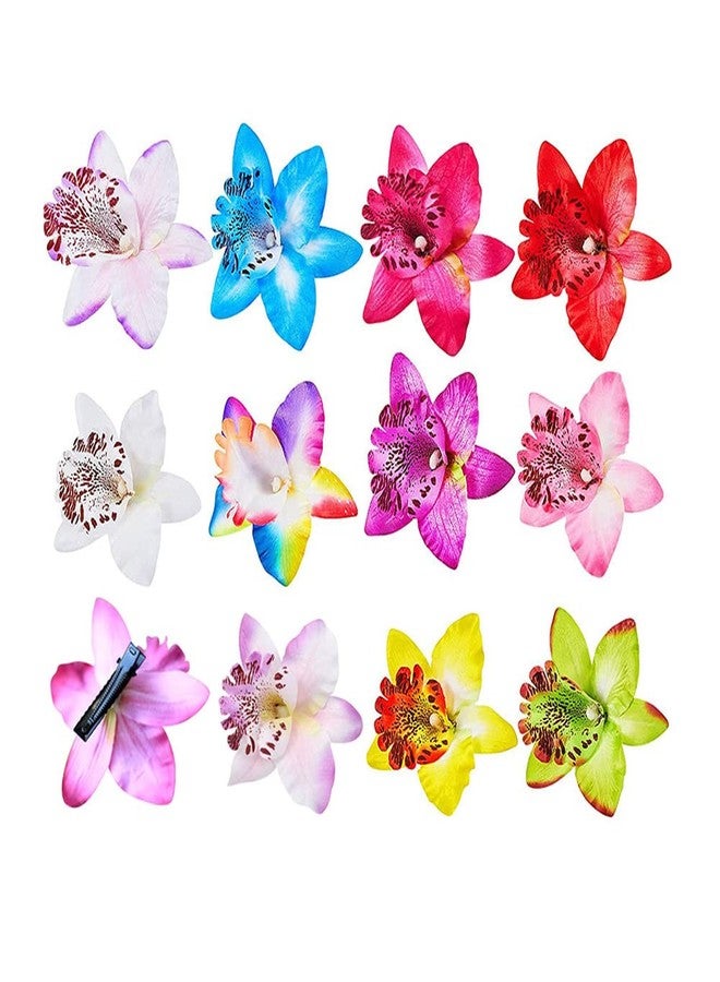 Quupy 12PCS Bohemian Flower Hairpin Colourful Hawaiian Flowers Orchid Flower Crocodile Hair Clips for Lady Women Girls Bridal Wedding Party Beach Hair Style Accessories - Image 1