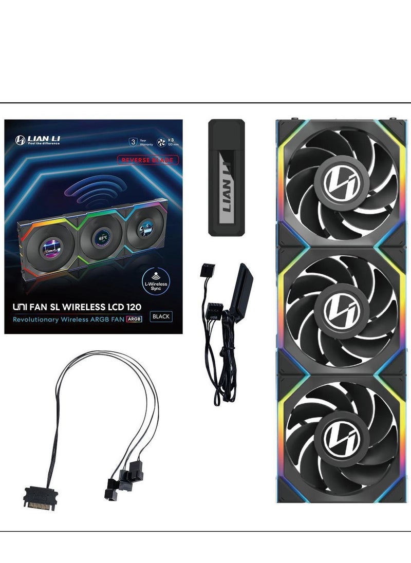 LIAN LI - UNI Fan SL - LCD Wireless 3x120mm- Triple Pack (Reverse Blade) - ARGB Fan - 1.6" LCD Display - 2.4 GHz Wireless Controller Included & Required for Use - Image 1