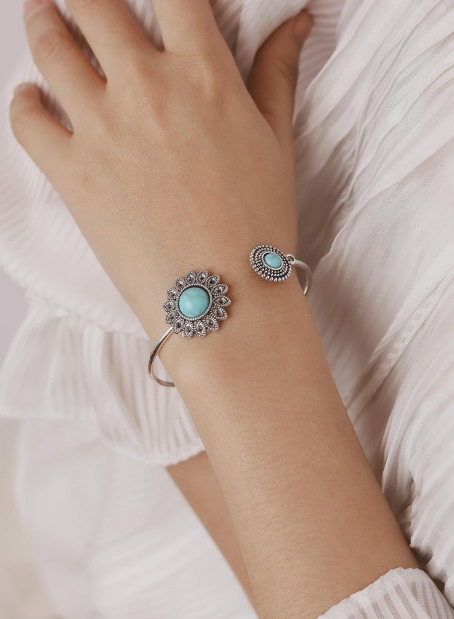 MINACHI Bohemian Created Turquoise Flower Bangle Bracelet, Stainless Steel Open Bangle, Gift for Her - Image 2