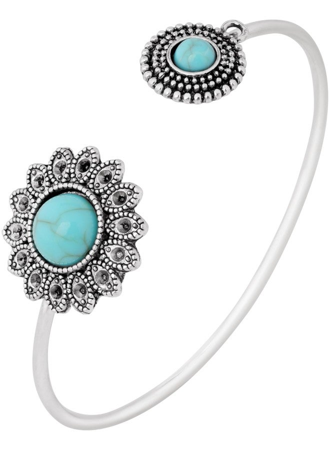 MINACHI Bohemian Created Turquoise Flower Bangle Bracelet, Stainless Steel Open Bangle, Gift for Her - Image 1