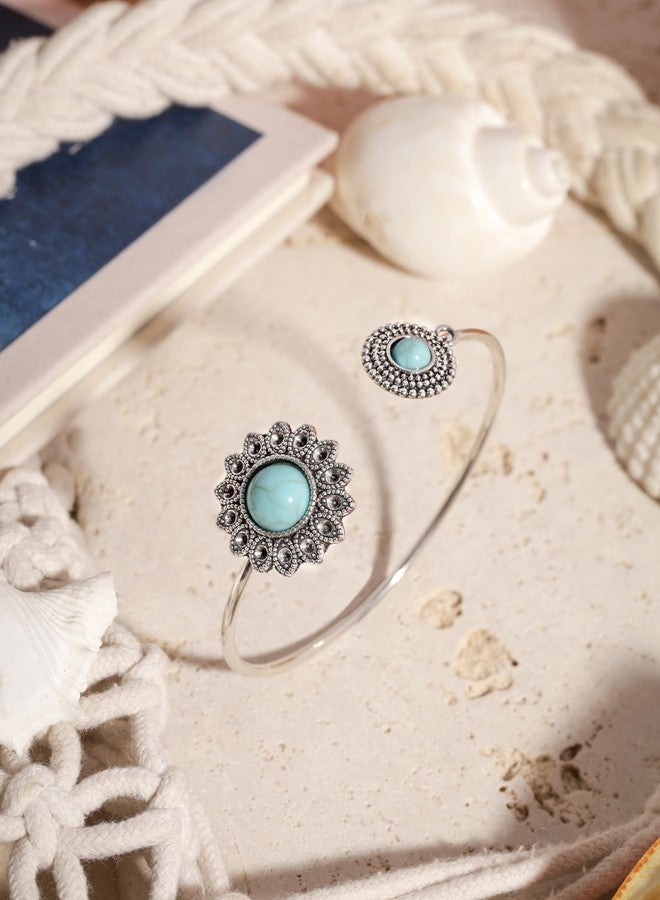 MINACHI Bohemian Created Turquoise Flower Bangle Bracelet, Stainless Steel Open Bangle, Gift for Her - Image 5