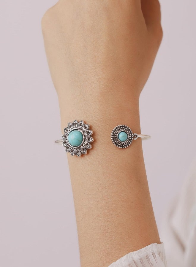 MINACHI Bohemian Created Turquoise Flower Bangle Bracelet, Stainless Steel Open Bangle, Gift for Her - Image 4