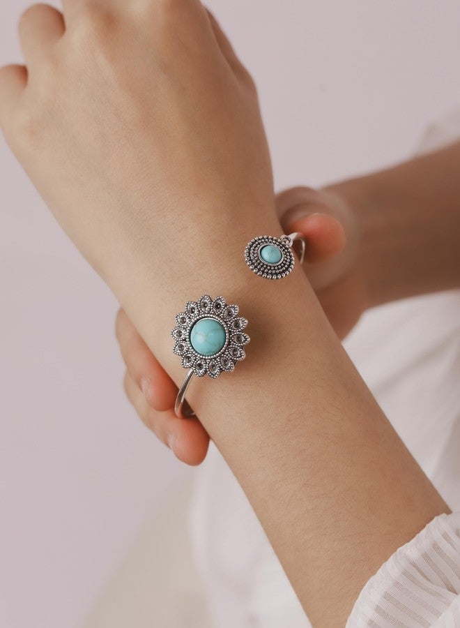 MINACHI Bohemian Created Turquoise Flower Bangle Bracelet, Stainless Steel Open Bangle, Gift for Her - Image 3