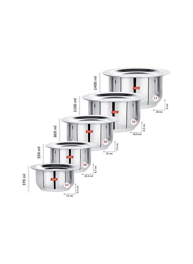 Sumeet Stainless Steel Friendly Tope/patila/cookware with Lids, 370ML, 550ML, 800ML, 1100ML,1400ML, 5 Piece (Steel) - Image 3