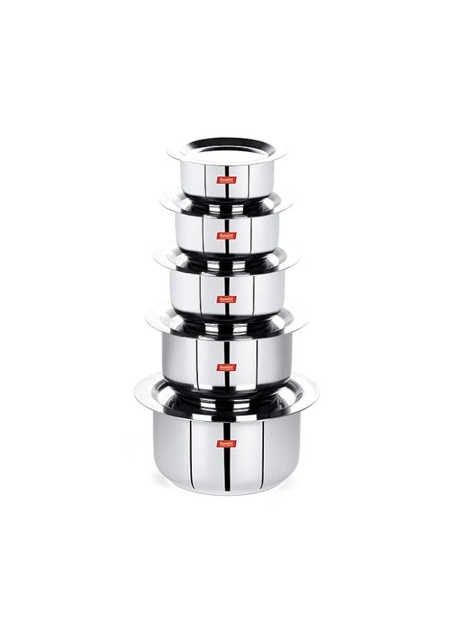 Sumeet Stainless Steel Friendly Tope/patila/cookware with Lids, 370ML, 550ML, 800ML, 1100ML,1400ML, 5 Piece (Steel) - Image 1