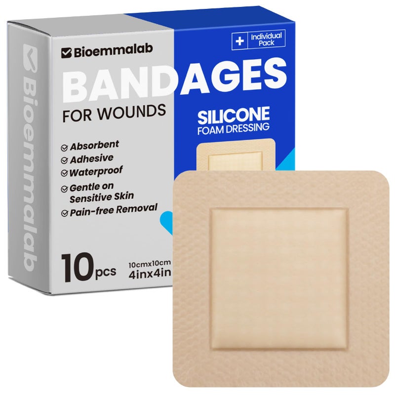 Bioemmalab Large Waterproof Bandages 4x4 Silicone Foam Dressing for Sensitive Skin Wound Care, Adhesive Cohesive Pad with Border for First Aid, 10 PCS, Post Surgical and Trauma Care, Burn - Image 1