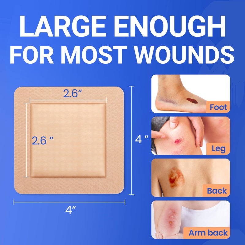 Bioemmalab Large Waterproof Bandages 4x4 Silicone Foam Dressing for Sensitive Skin Wound Care, Adhesive Cohesive Pad with Border for First Aid, 10 PCS, Post Surgical and Trauma Care, Burn - Image 2