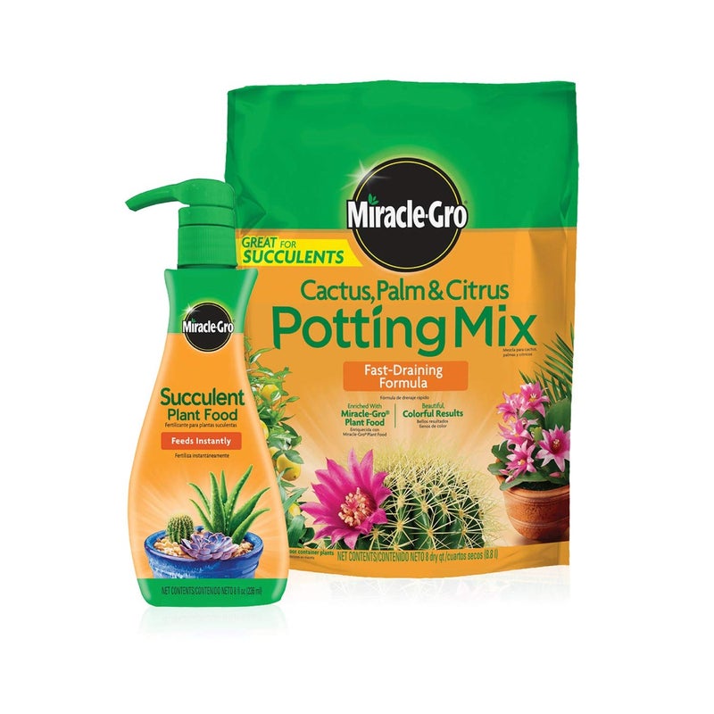 MiracleGro Cactus Palm Citrus Potting Mix and Succulent Plant Food Bundle of Potting Soil 8 qt and Liquid Plant Food 8 oz for Growing and Fertilizing Indoor Succulents