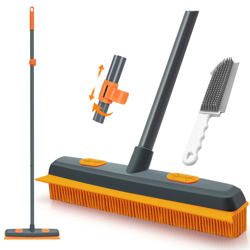 TidyBliss Pet Hair Removal Broom, 57.5 inches Rubber Brush Carpet Rake with Silicone Squeegee, Fur Remover Tool with Detailing Lint Comb for Cleaning Rug, Tile, Hardwood Floor (Gray Orange) - Image 1