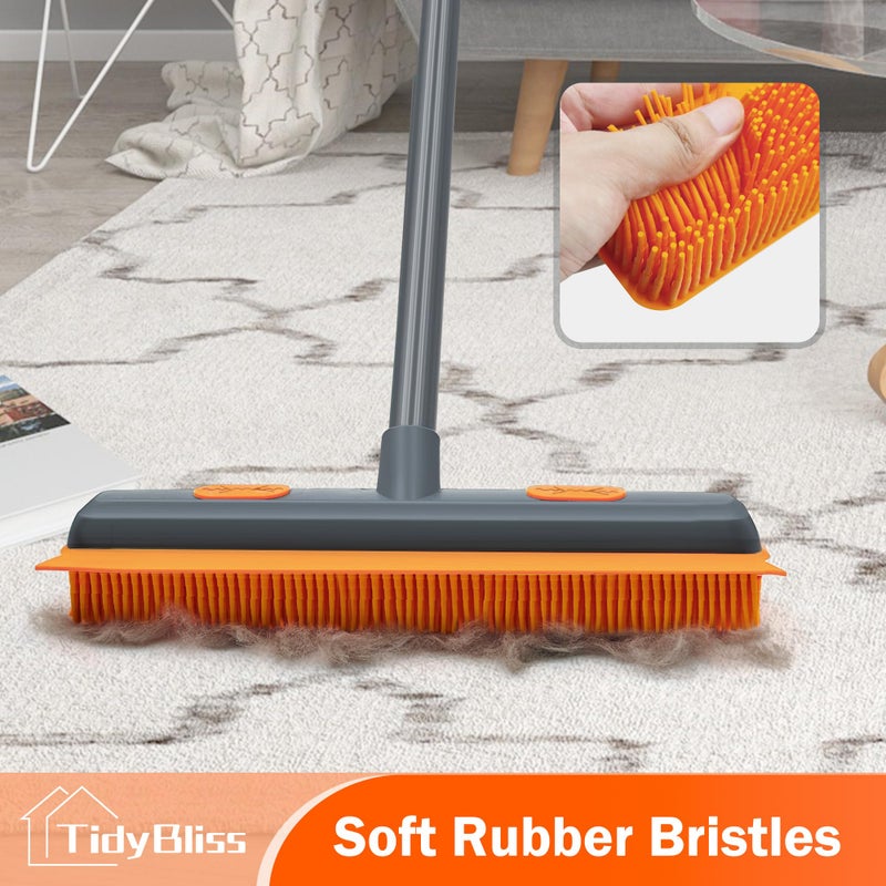 TidyBliss Pet Hair Removal Broom, 57.5 inches Rubber Brush Carpet Rake with Silicone Squeegee, Fur Remover Tool with Detailing Lint Comb for Cleaning Rug, Tile, Hardwood Floor (Gray Orange) - Image 2