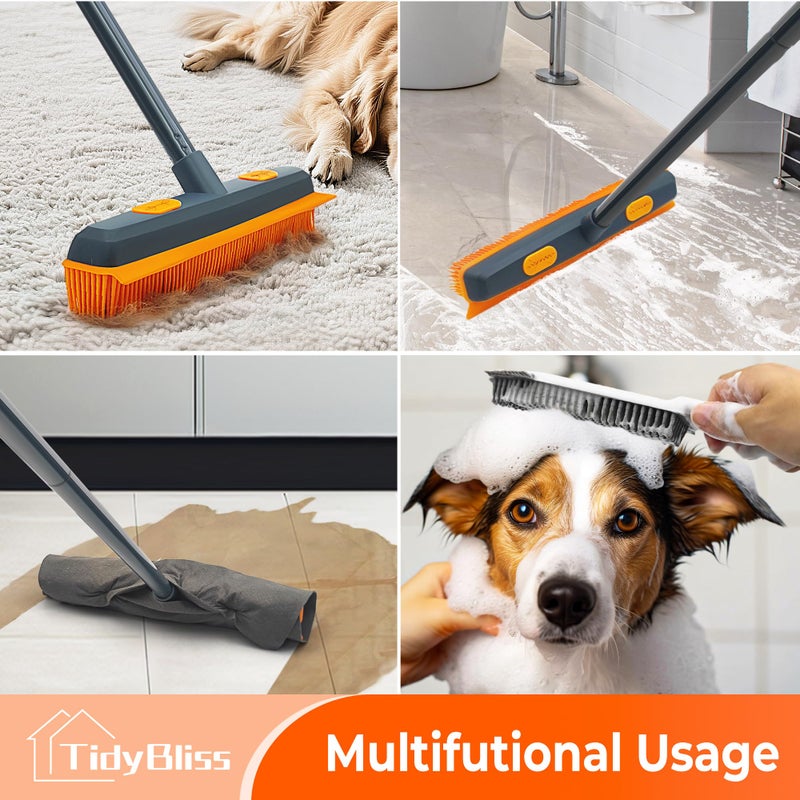 TidyBliss Pet Hair Removal Broom, 57.5 inches Rubber Brush Carpet Rake with Silicone Squeegee, Fur Remover Tool with Detailing Lint Comb for Cleaning Rug, Tile, Hardwood Floor (Gray Orange) - Image 5