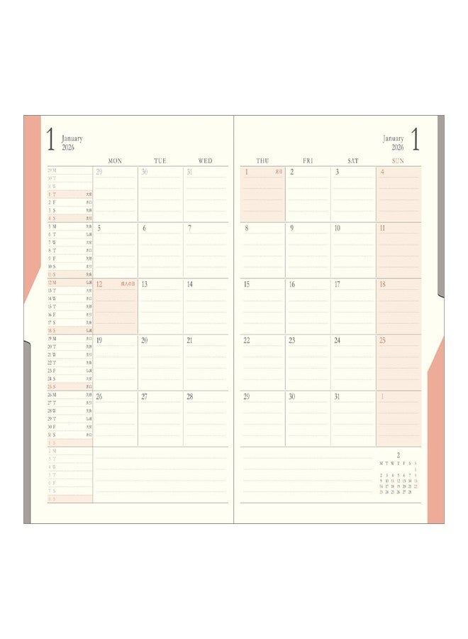Designphil Midori Double Schedule Notebook, 2026, B6, Monthly Limited Edition, Bookmark Included, Progress, Light Pink 22383006 (Starts in October 2025) - Image 4
