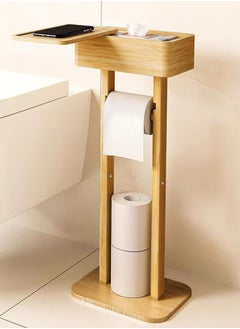 Multifunctional Rotatable Multi-Layer Toilet Paper Holder, Floor-Standing Solid Wood Roll Holder 14.6*24.2*64.7CM