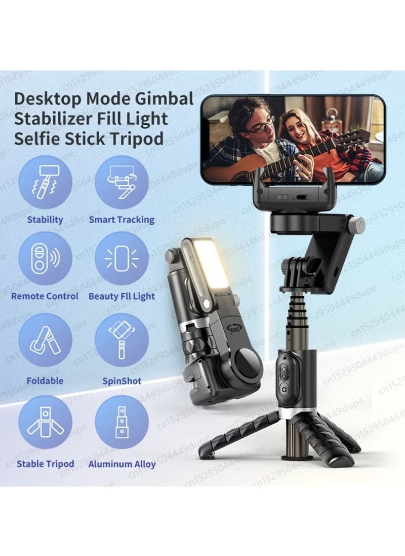 JAJEEK Q18 Desktop Gimbal Stabilizer with Fill Light – 360° Rotation, Adjustable Height, Selfie Stick Tripod for iPhone & Smartphones – Ideal for Vlogging, Live Streaming & Content Creation  - Image 3