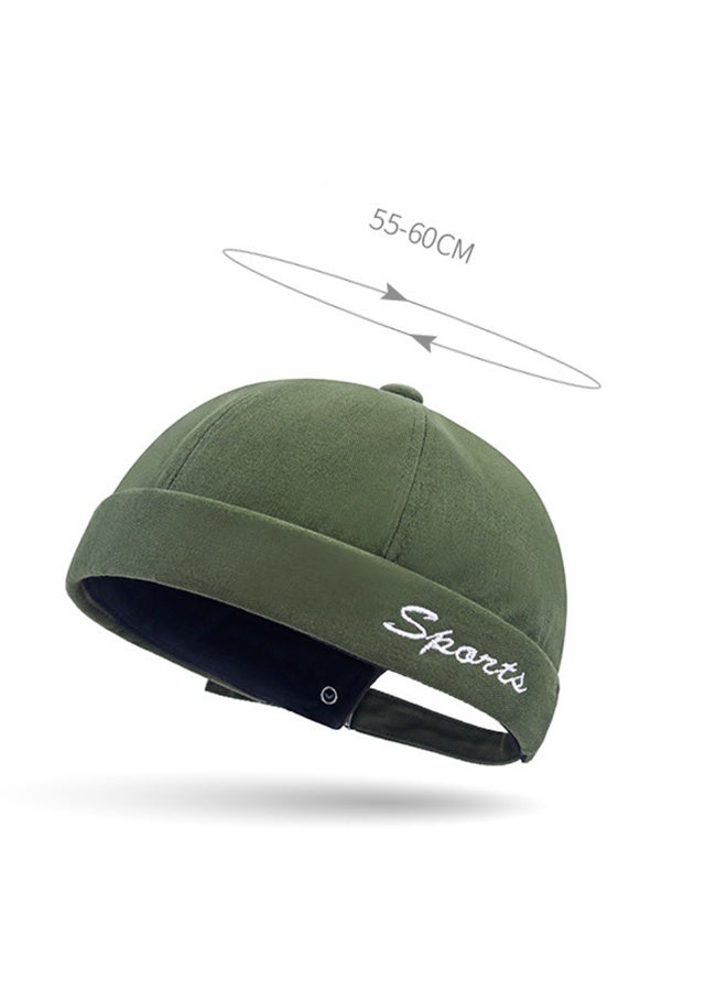 Unisex Olive Green Brimless Skull Cap, Casual Rolled Edge Sailor Hat with Sports Embroidery, One Size - Image 4