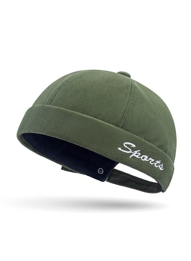 Unisex Olive Green Brimless Skull Cap, Casual Rolled Edge Sailor Hat with Sports Embroidery, One Size - Image 1