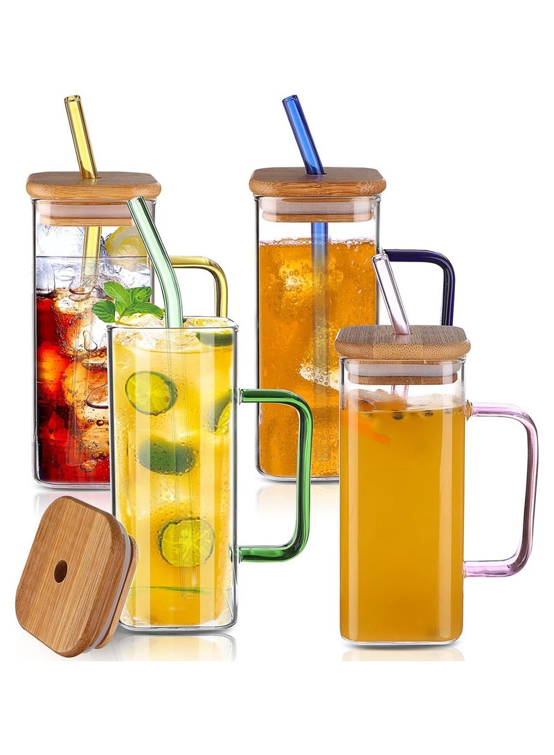 فالمر كوب زجاجي بغطاء وقشة، كوب مربع بغطاء من الخيزران، أكواب شرب لمشروبات القهوة المثلجة والعصير (متعدد الألوان) - Image 1