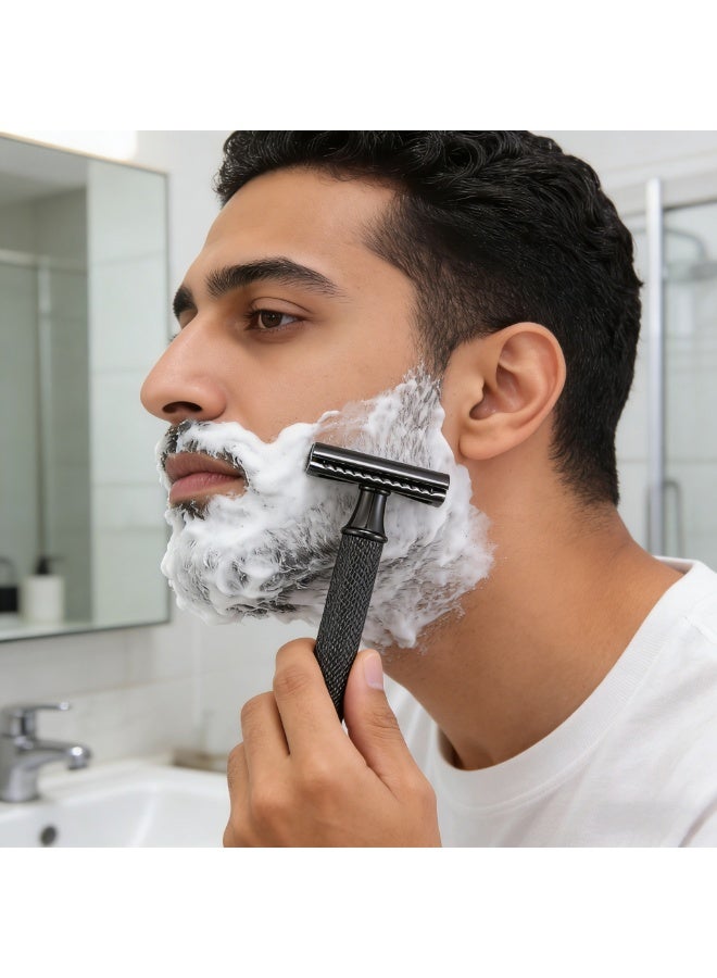 Men's Razor Double Blade Safety Razor with Zinc Alloy Handle, Anti-Slip Grip Design, Includes 10 Extra Blades -Black Base Set - Image 4
