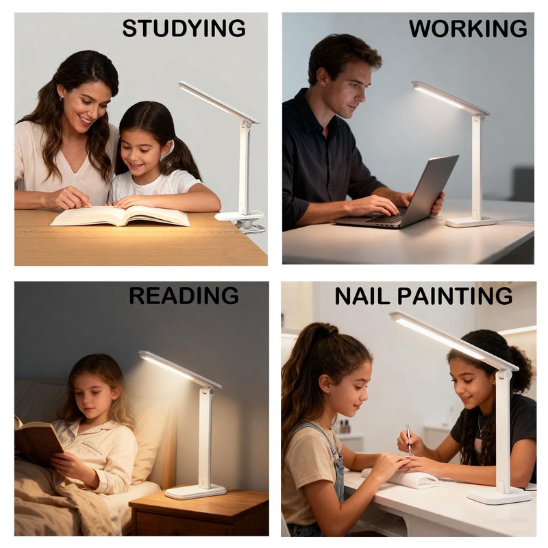 ANNAITE LED Desk Lamp Dimmable Table Lamp Reading Lamp with Changeable Clip & Base, 3 Brightness Dimmable Small Desk Lamp for Office Home, Desk Clip on Lamp for Bed Headboard, LED Desk Light Strip - Image 3