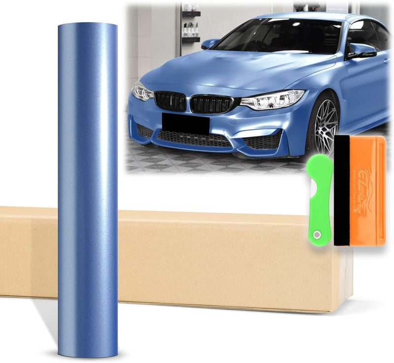 EZAUTO WRAP 12"x60" (1FTx5FT) Frosted Blue Matte Metallic Satin Pearl Vinyl Wrap Auto Car Sticker Decal Film Sheet Bubble Free Air Release Technology with Tool Kit - Image 1