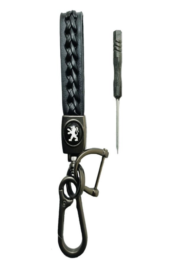 سلسلة مفاتيح جلدية بشعار بيجو وحلقة مفاتيح معدنية - أسود - Image 2