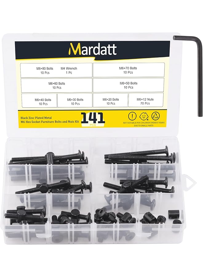 Mardatt مجموعة استبدال مسامير سرير ماردات 140 قطعة M6 براغي رأس سداسي سوداء - Image 1