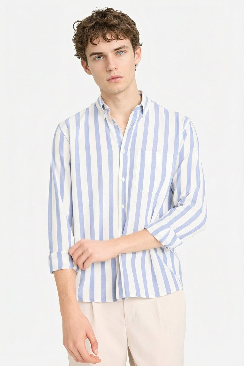 DeFacto Blue Man Striped 100% Cotton Casual - Image 3