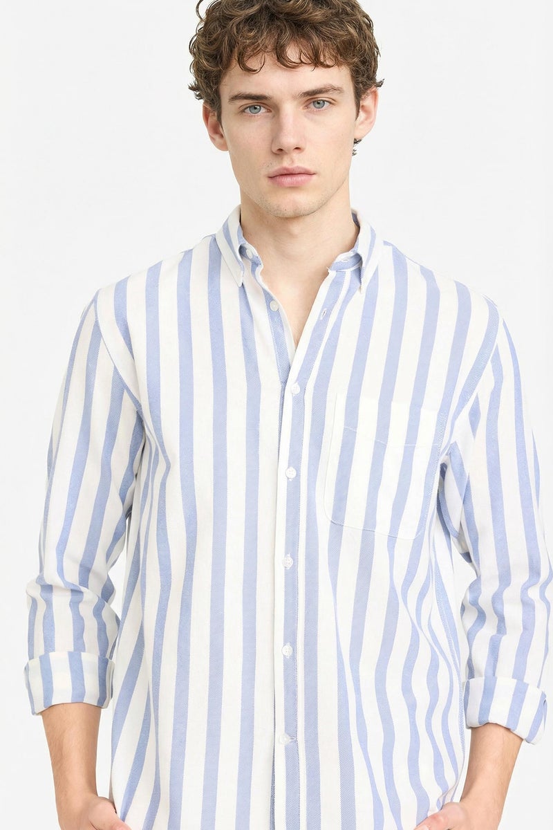 DeFacto Blue Man Striped 100% Cotton Casual - Image 1