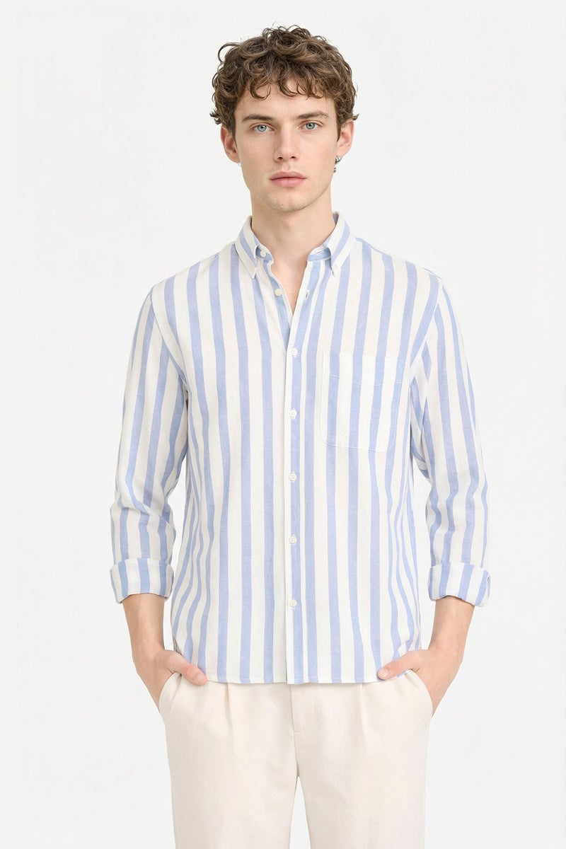DeFacto Blue Man Striped 100% Cotton Casual - Image 2