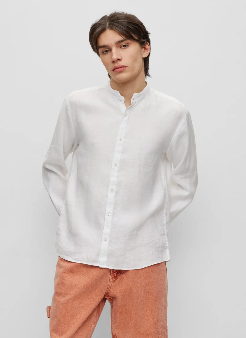 هوجو Slim-fit linen shirt with stand collar