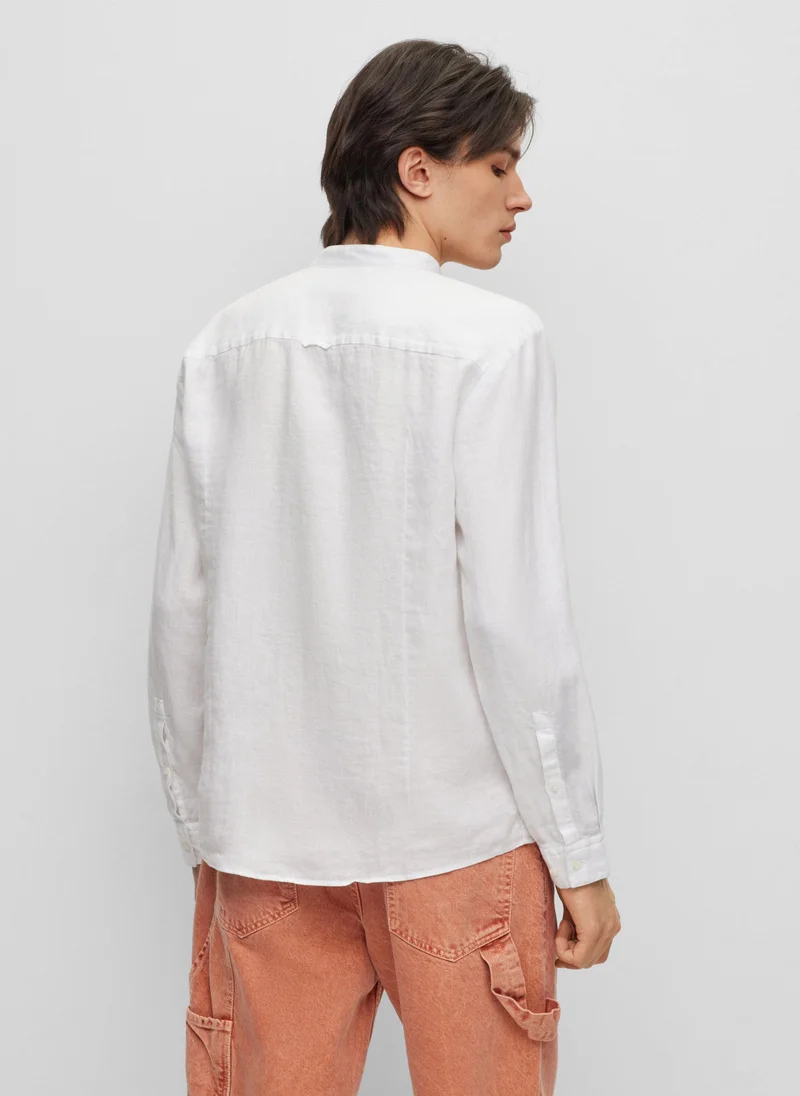 هوجو Slim-fit linen shirt with stand collar