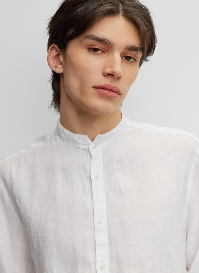 HUGO Slim-fit linen shirt with stand collar