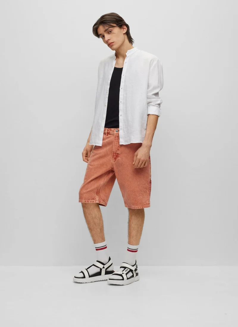 HUGO Slim-fit linen shirt with stand collar