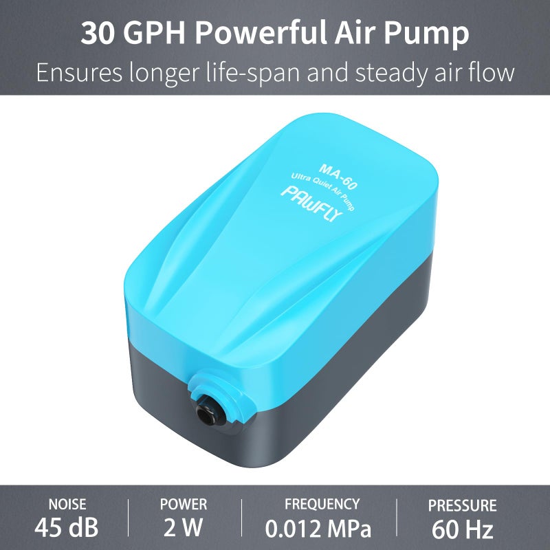 Pawfly Aquarium 15-40 GPH Compact Air Pump Quiet Oxygen Aerator Pump with Air Stone/Nano Bio Sponge Filter Airline Tubing and Check Valve Accessories for 3-20 Gallon Buckets and Fish Tanks - Image 2