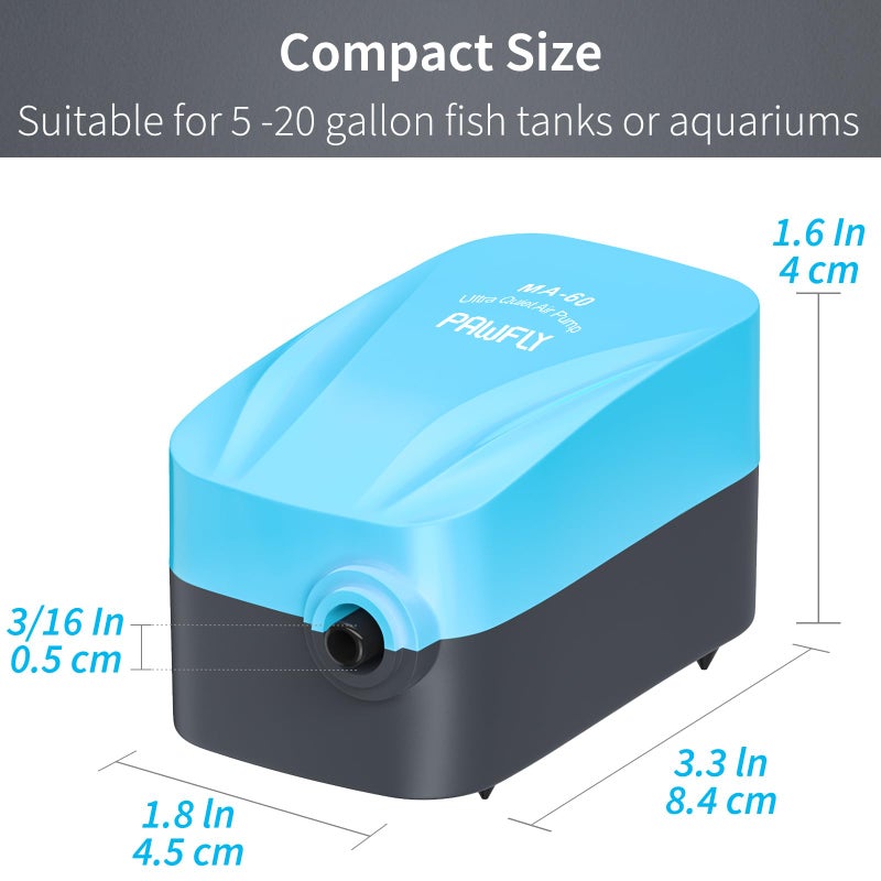 Pawfly Aquarium 15-40 GPH Compact Air Pump Quiet Oxygen Aerator Pump with Air Stone/Nano Bio Sponge Filter Airline Tubing and Check Valve Accessories for 3-20 Gallon Buckets and Fish Tanks - Image 5