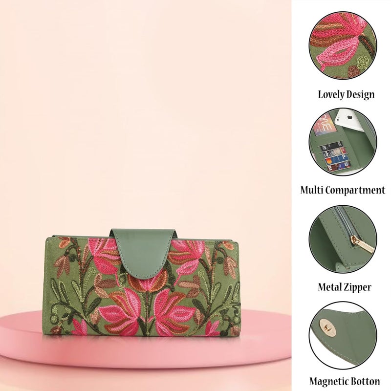 EVEDA Floral Embroidered Wallet for Women, GreenPU Leather with Pink Flowers, Multi Compartment with Magnetic Button (Green) - Image 4