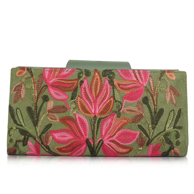 EVEDA Floral Embroidered Wallet for Women, GreenPU Leather with Pink Flowers, Multi Compartment with Magnetic Button (Green) - Image 2