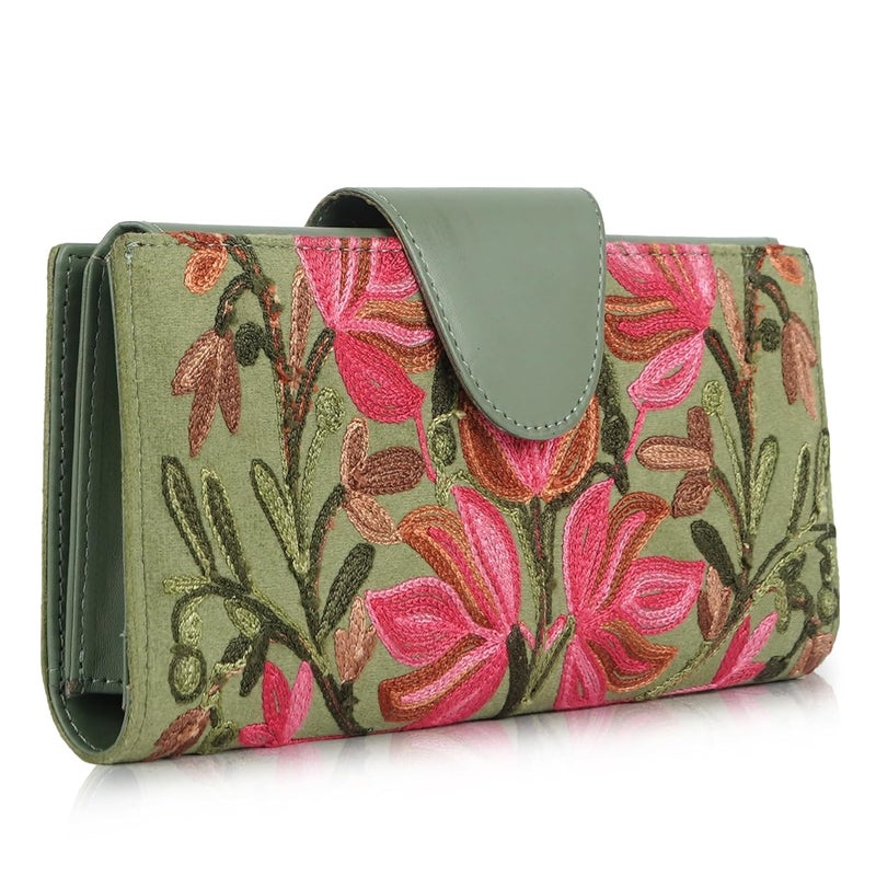 EVEDA Floral Embroidered Wallet for Women, GreenPU Leather with Pink Flowers, Multi Compartment with Magnetic Button (Green) - Image 3