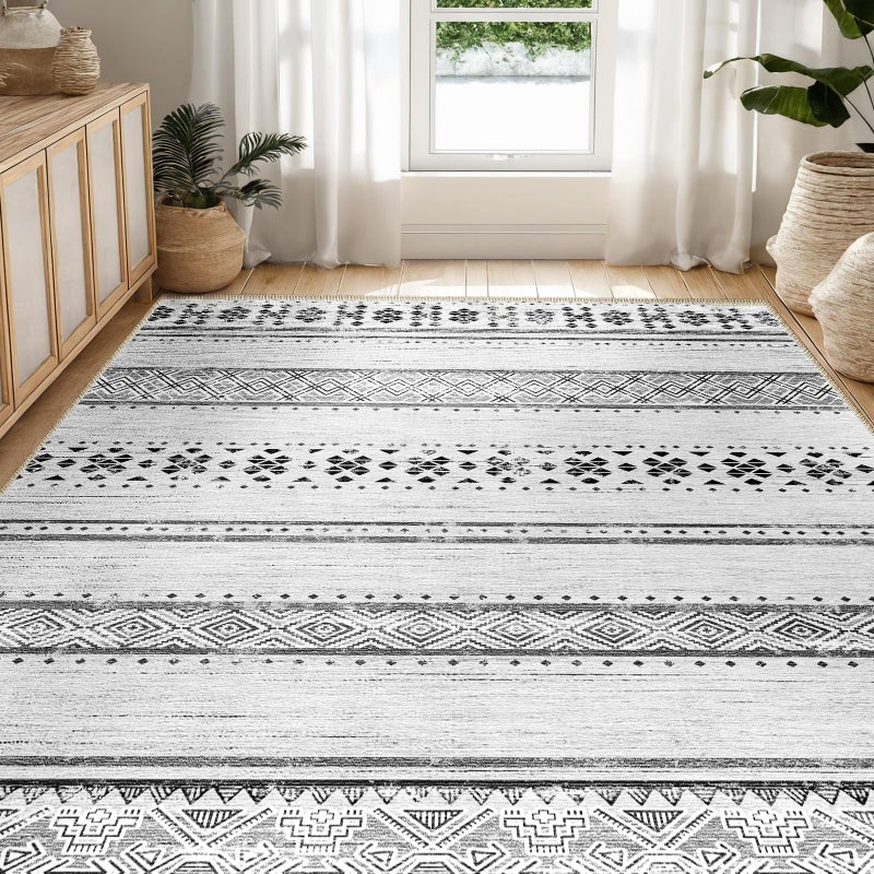 BESTSWEETIE 5x7 Area Rugs for Living Room Washable Moroccan Farmhouse Neutral Geometric Low Pile Non-Slip Soft Print Pattern Rug for Bedroom Kitchen Dining Room Entryway Grey/Black/Navy - Image 1
