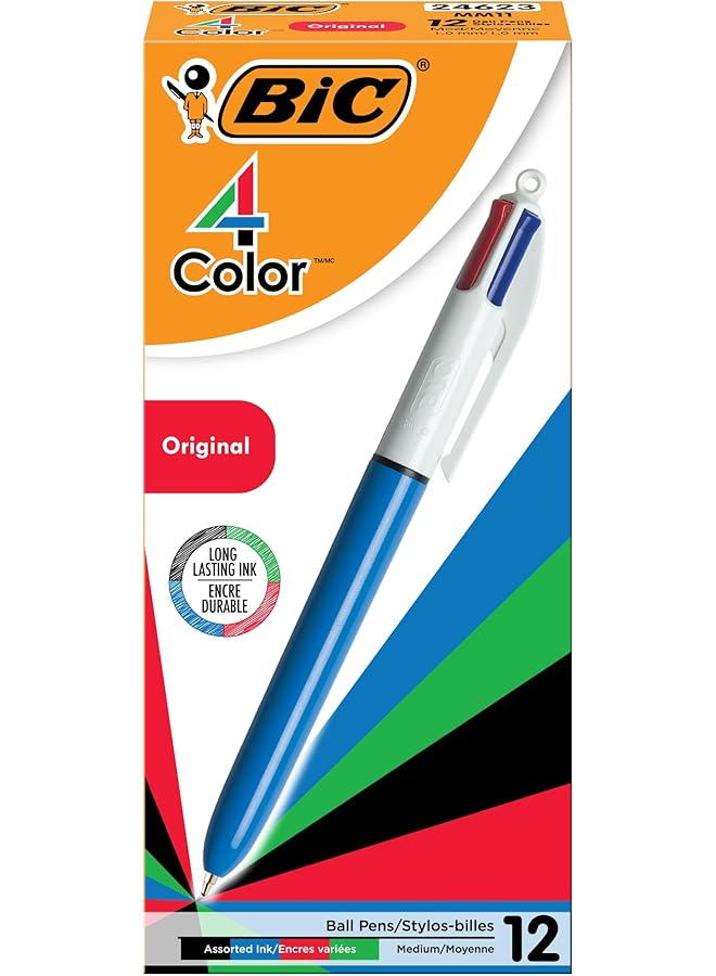 بيك قلم حبر جاف كلاسيكي بأربعة ألوان، متوسط الرأس، عبوة من 12 قلمًا - Image 1