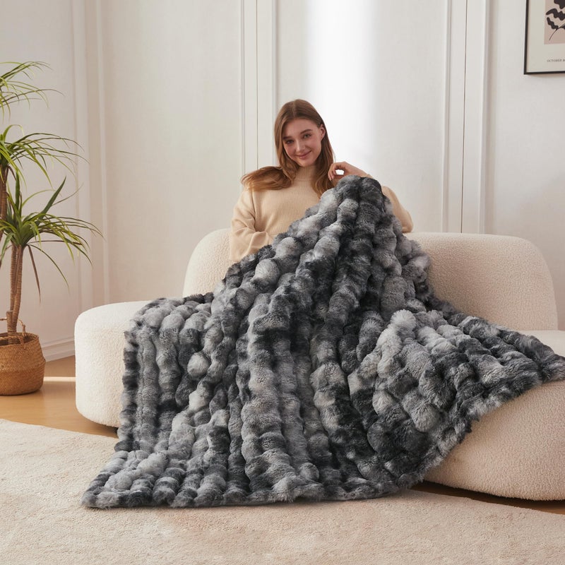 COOVA Faux Fur Throw Blanket for Couch, Cozy Soft and Fuzzy Plush Rabbit Fur Bubble Blanket for Sofa Bedroom Living Room, 50x60 Inches Tie Dye Light Grey - Image 2