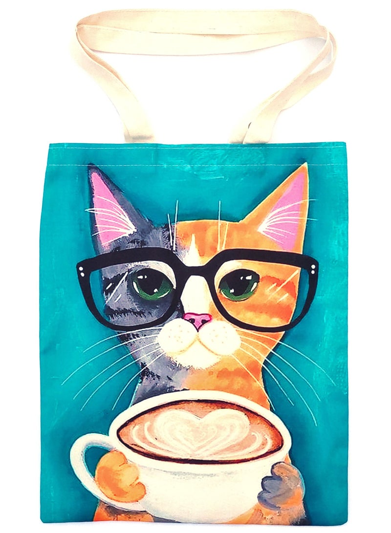 Alwan Beach Bag with Coffee Drinking Cat - Image 1