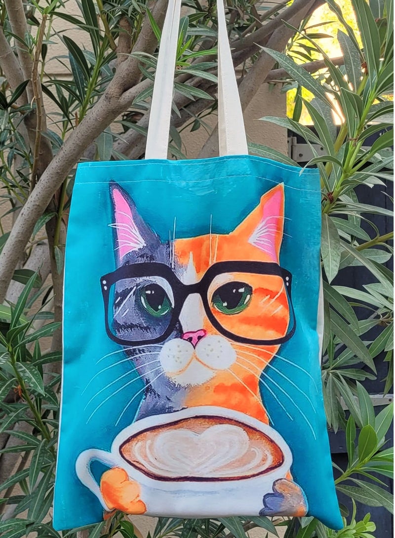 Alwan Beach Bag with Coffee Drinking Cat - Image 2