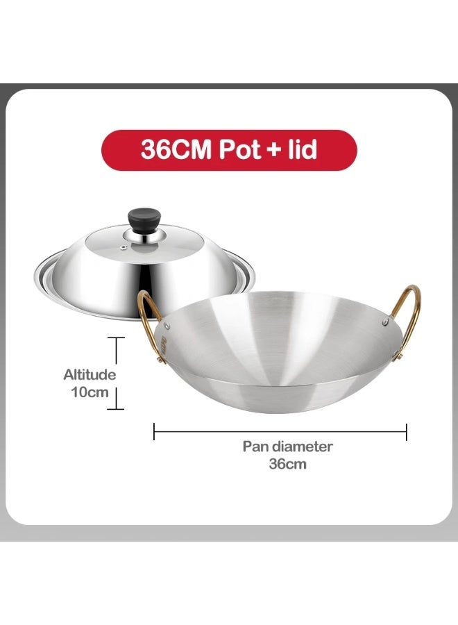MODOFO 36cm Stainless Steel Double Ear Wok with Lid | Large Frying Pan | Kitchen Use - Image 1