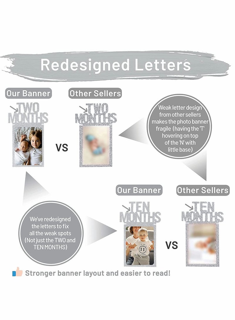SYOSI 1st Birthday Photo Banner for Baby from Newborn to 12 Months First Birthday Decorations Boy or Girl Monthly Milestones Garland First Birthday Photo Banner Pre strung with Frame (Silvery)  - Image 3