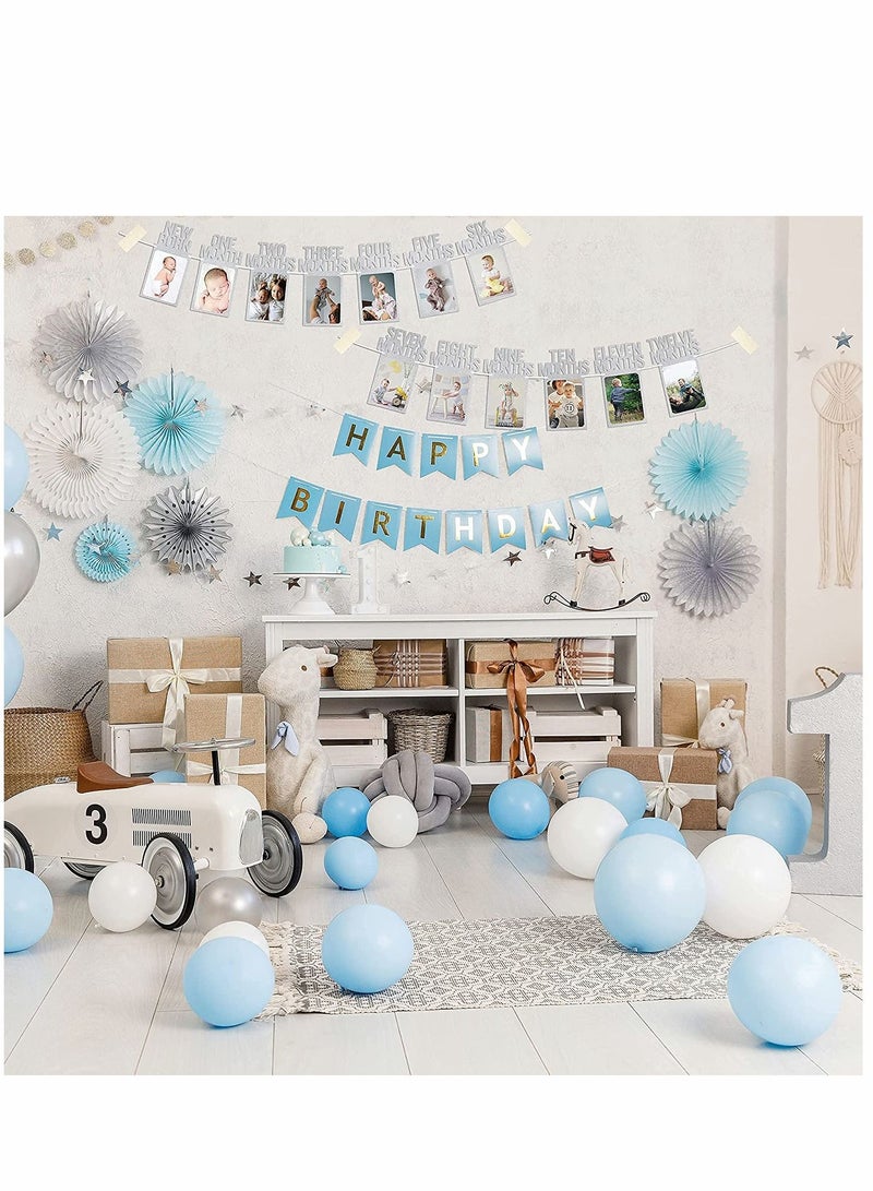SYOSI 1st Birthday Photo Banner for Baby from Newborn to 12 Months First Birthday Decorations Boy or Girl Monthly Milestones Garland First Birthday Photo Banner Pre strung with Frame (Silvery)  - Image 4