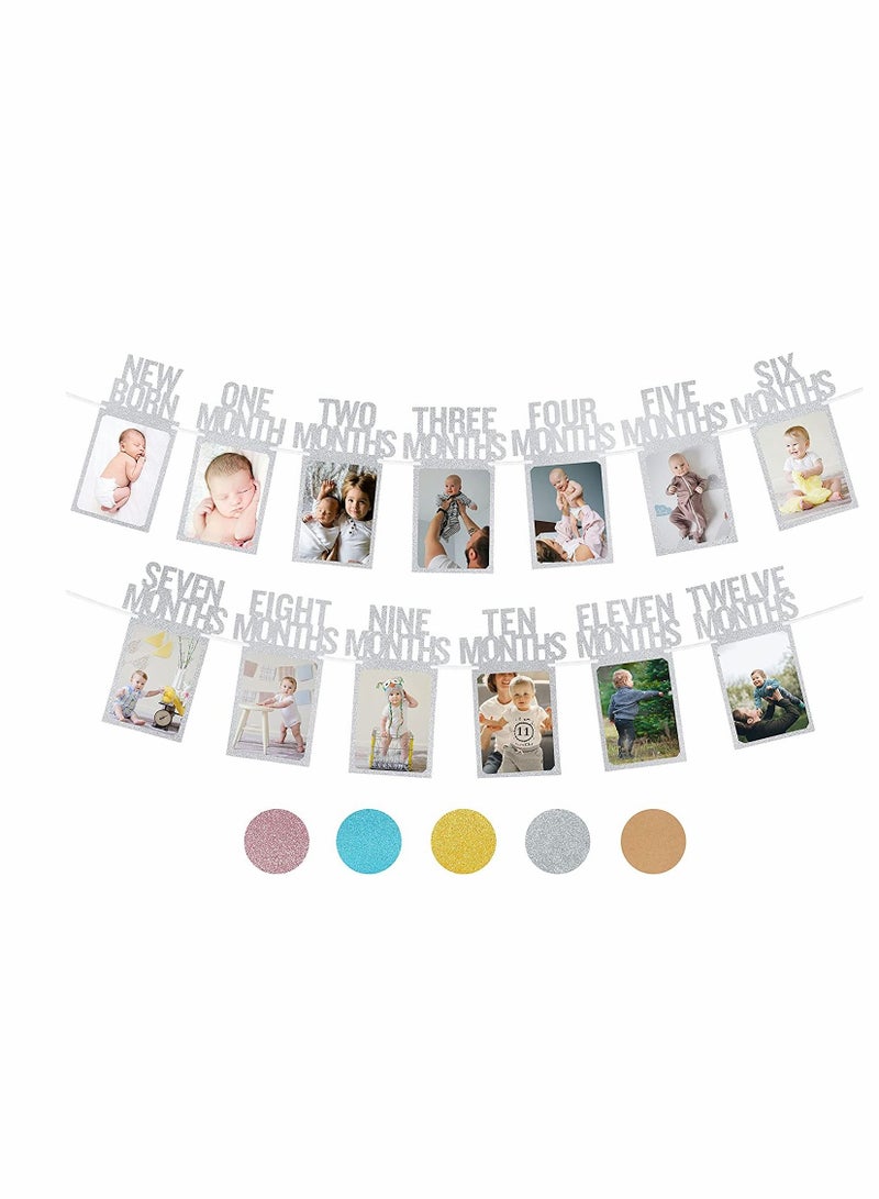 SYOSI 1st Birthday Photo Banner for Baby from Newborn to 12 Months First Birthday Decorations Boy or Girl Monthly Milestones Garland First Birthday Photo Banner Pre strung with Frame (Silvery)  - Image 1