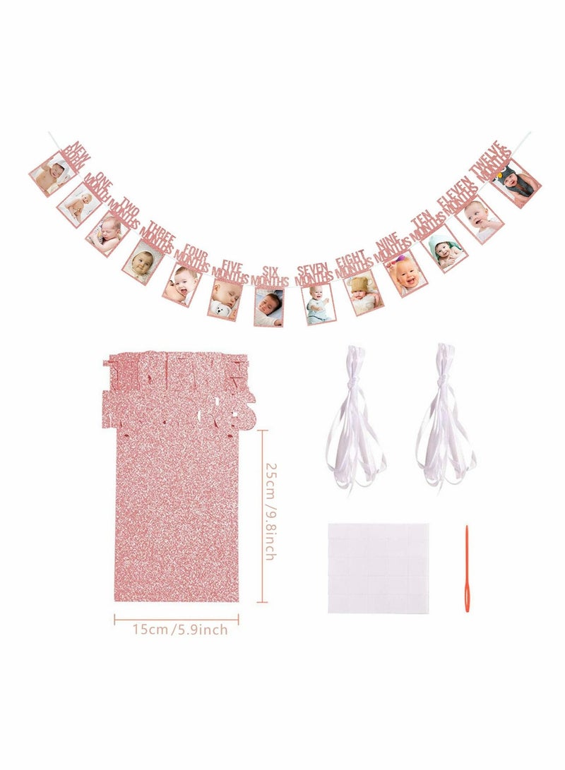 SYOSI 1st Birthday Photo Banner for Baby from Newborn to 12 Months First Birthday Decorations Boy or Girl Monthly Milestones Garland First Birthday Photo Banner Pre strung with Frame (Silvery)  - Image 2