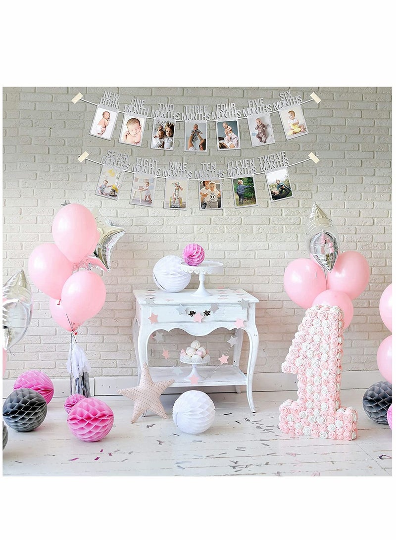 SYOSI 1st Birthday Photo Banner for Baby from Newborn to 12 Months First Birthday Decorations Boy or Girl Monthly Milestones Garland First Birthday Photo Banner Pre strung with Frame (Silvery)  - Image 5