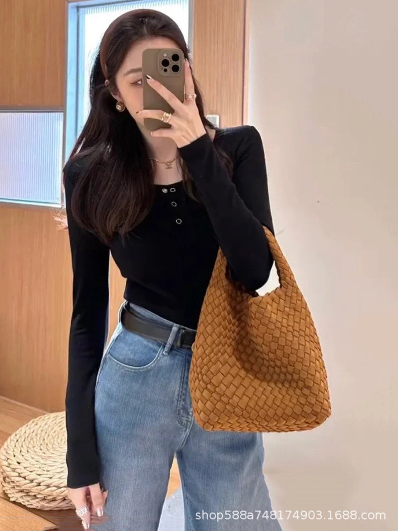 Korean Niche Nylon Cloth Woven Bucket Bag Women'S Fashion Exquisite Hand Bag Chain Crossbody Bag Small Tote Bag - Image 3